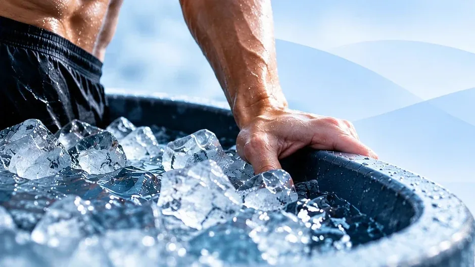 Illustration de l'article : une main posée sur le bord d'un bac rempli de glaçons, avant une immersion en eau froide